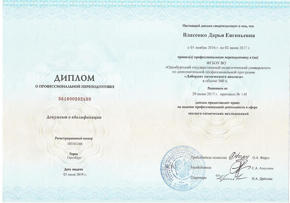Диплом о профессиональной переподготовке по специальности «Лаборант химического анализа» 
