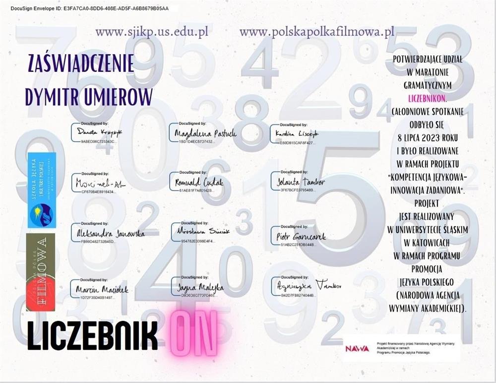 Сертификат за участие в марафоне "LiczebnikON, czyli maraton z liczebnikiem" (Uniwersytet Slaski w Katowicach)