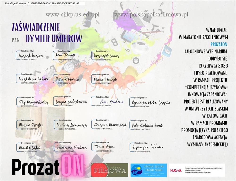 Сертификат за участие в марафоне "ProzatON, czyli maraton o wiedzy prozy" (Uniwersytet Slaski w Katowicach)