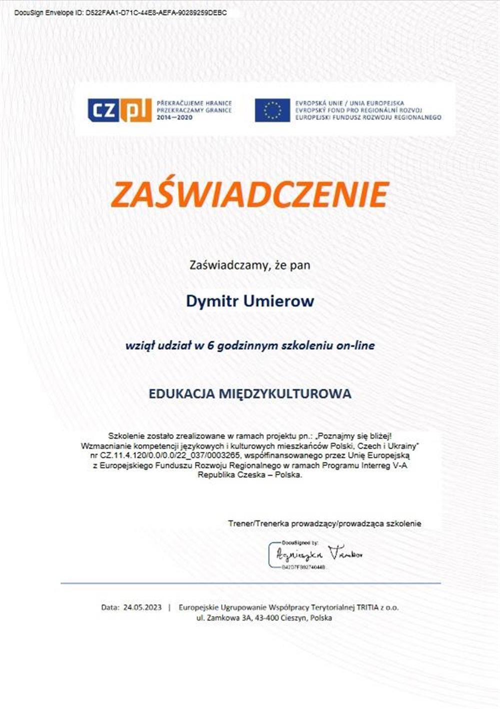Сертификат за участие в польско-чешском вебинаре на тему "Edukacja miedzykulturowa/Mezikulturni vzdelavani" (Europejskie Ugrupowanie Wspolpracy Terytorialnej TRITIA))