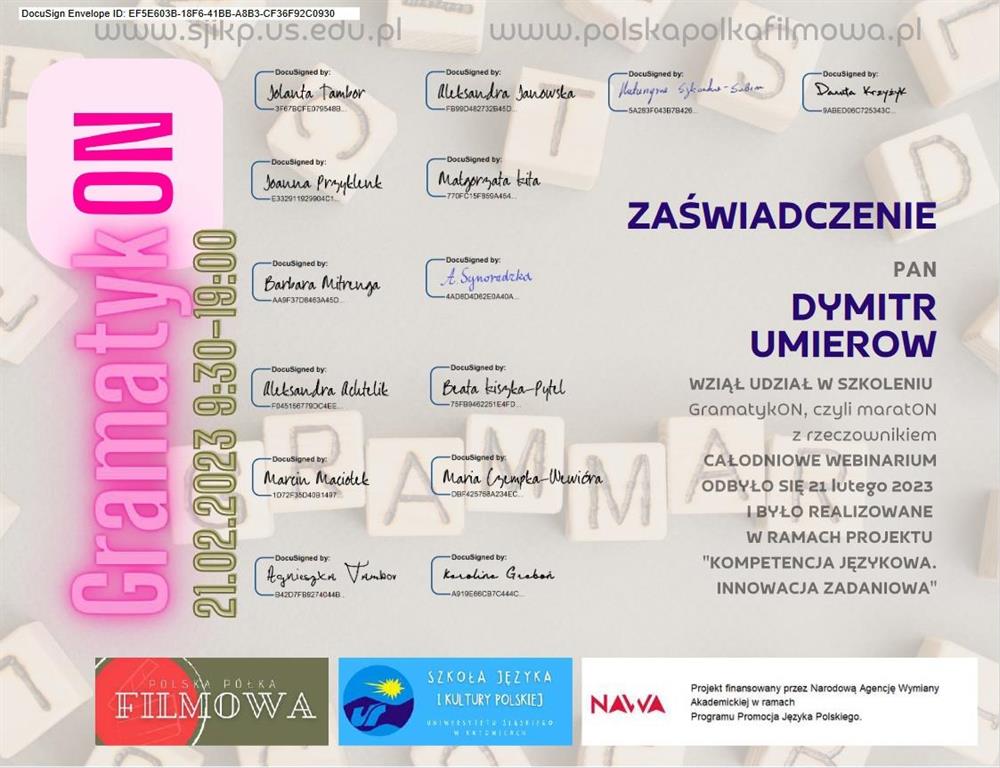 Сертификат за участие в марафоне "GramatykON, czyli maraton z rzeczownikiem" (Uniwersytet Slaski w Katowicach)