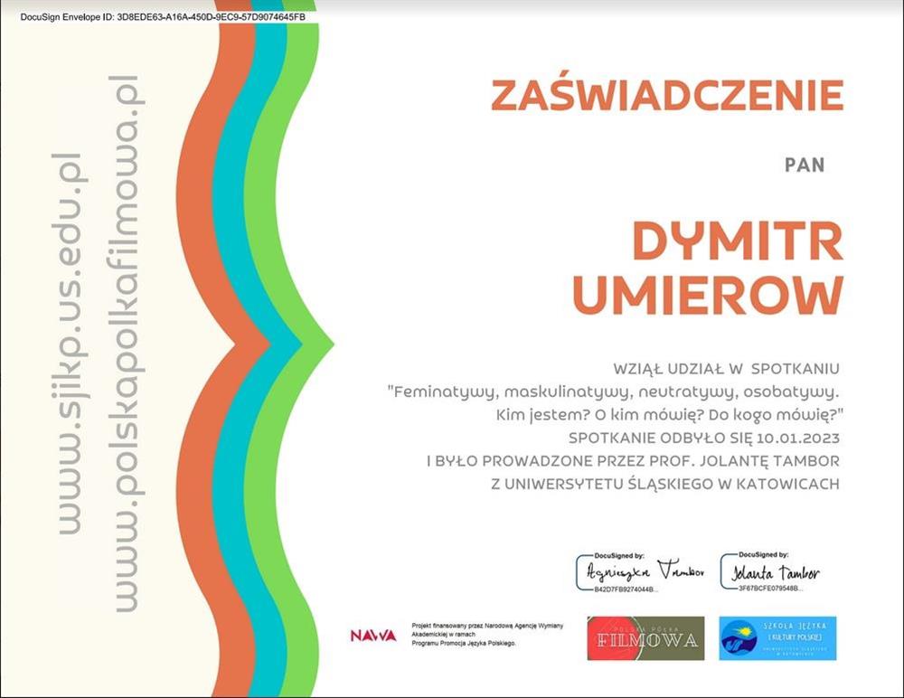 Сертификат за участие в вебинаре "Feminatywy, maskulinatywy, neutratywy, osobatywy" (Uniwersytet Slaski w Katowicach)