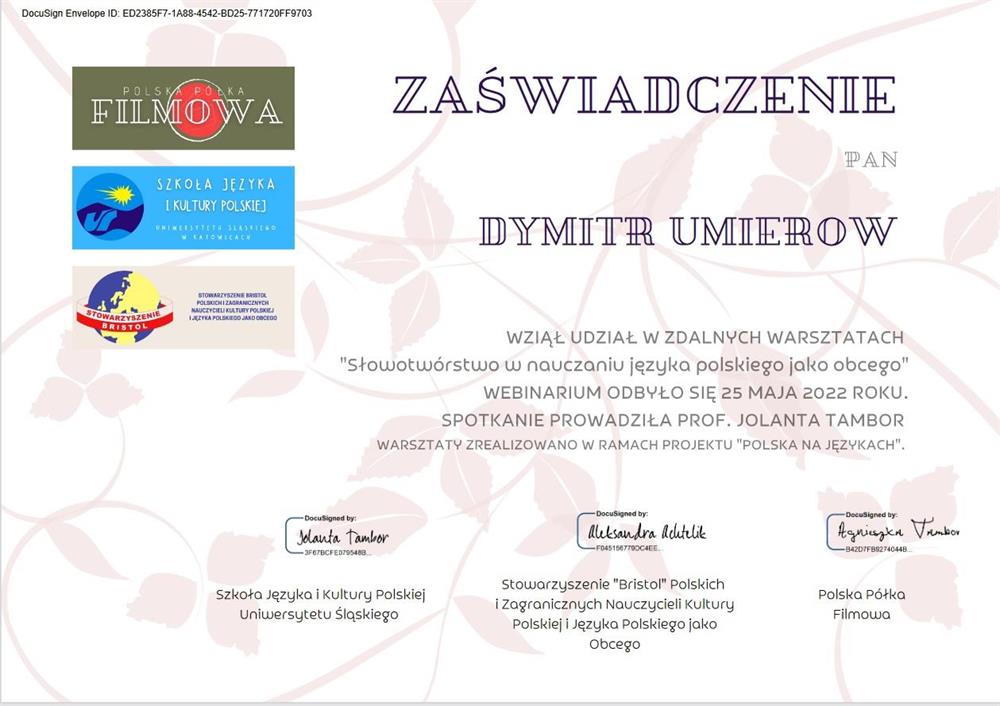 Сертификат за участие в вебинаре "Slowotworstwo w nauczaniu jezyka polskiego jako obcego" (Uniwersytet Slaski w Katowicach)