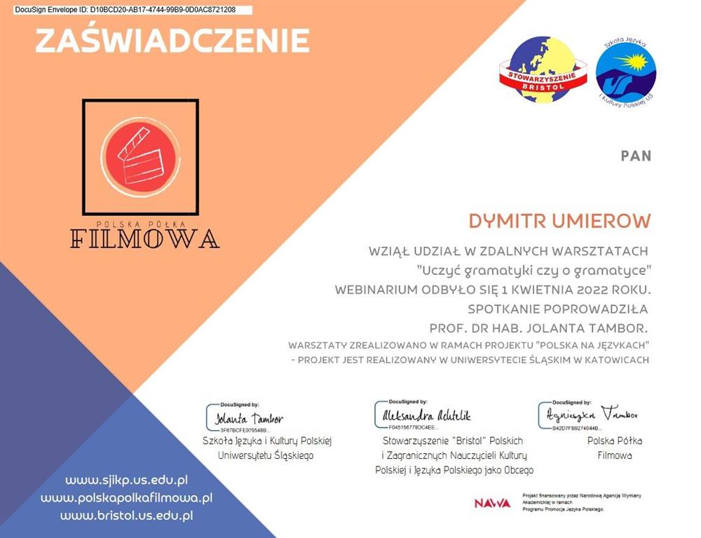 Сертификат за участие в вебинаре "Uczyc gramatyki czy o gramatyce" (Uniwersytet Slaski w Katowicach)