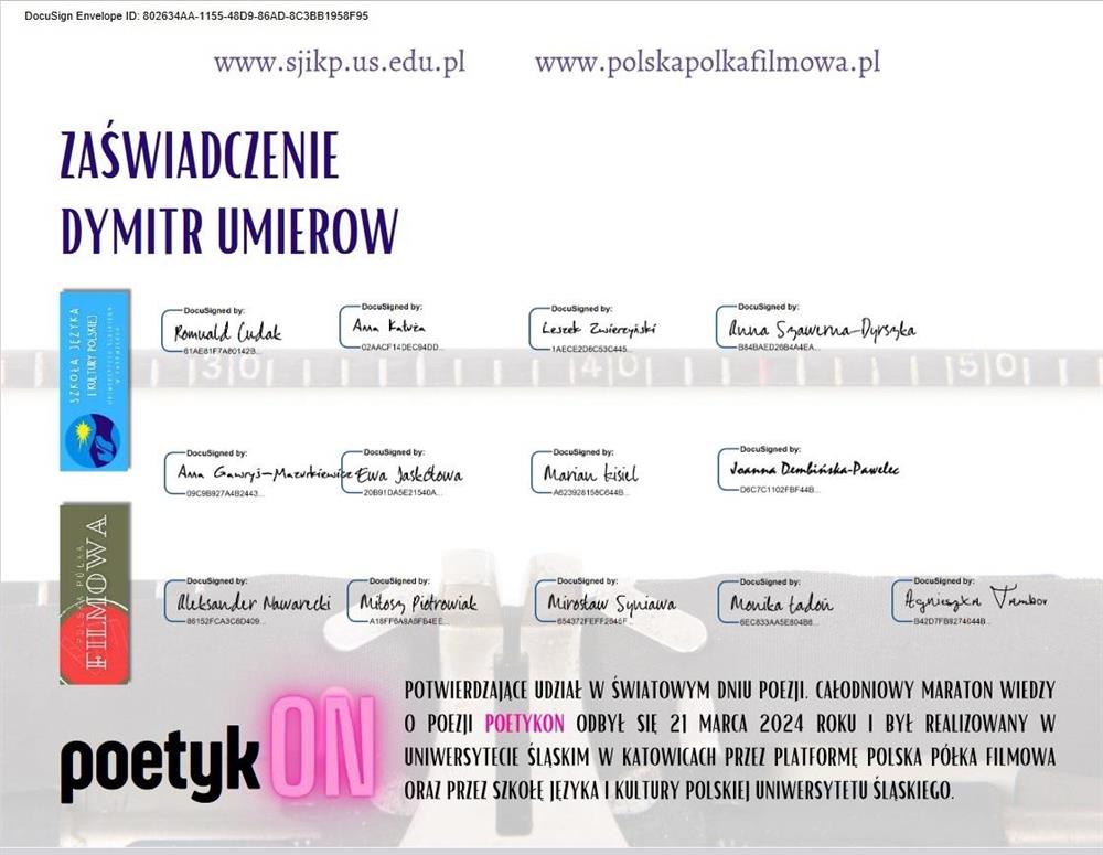 Сертификат за участие в марафоне "PoetykON, czyli maraton wiedzy o poezji"  (Uniwersytet Slaski w Katowicach)