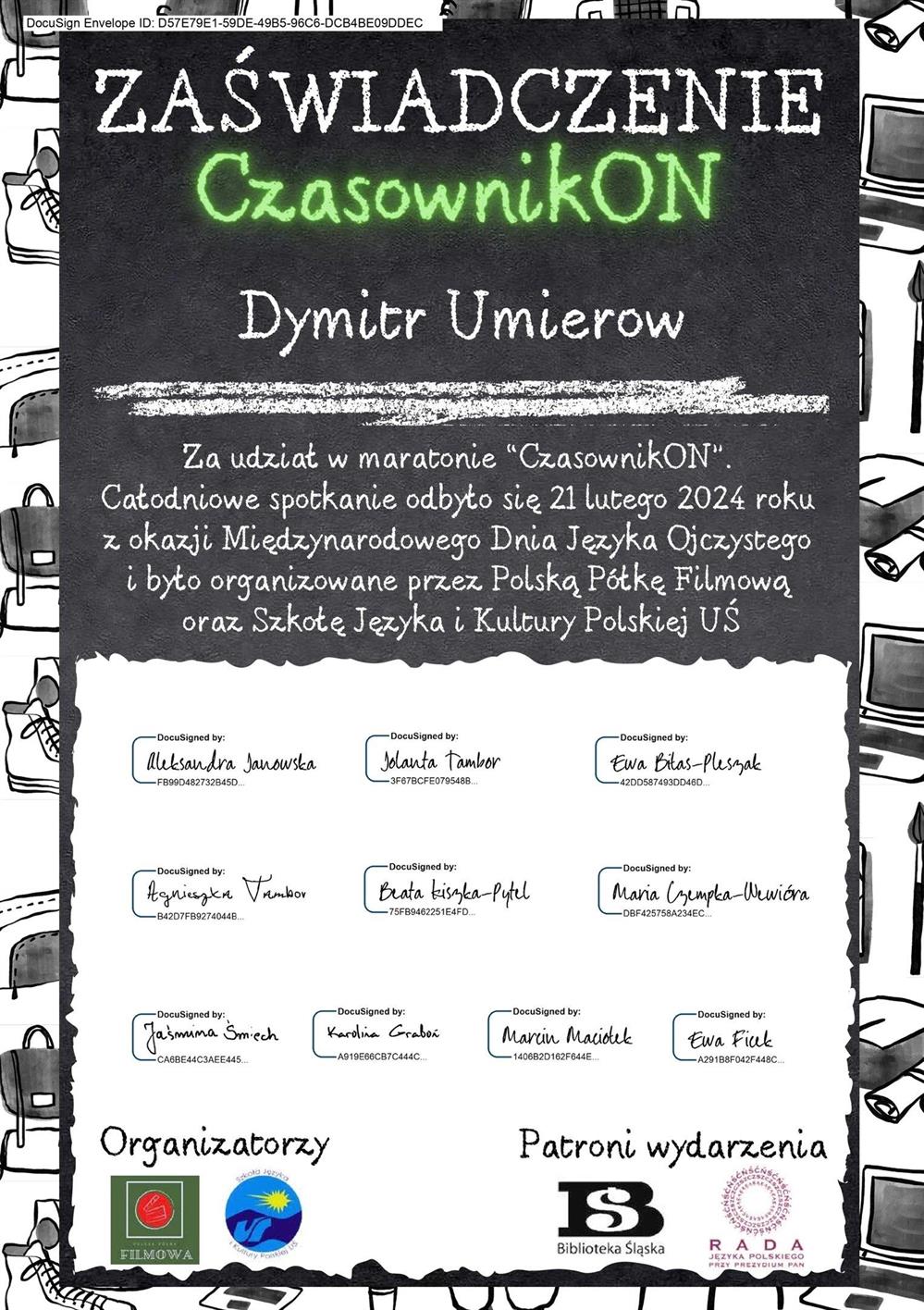 Сертификат за участие в марафоне "CzasownikON, czyli maraton z czasownikiem" (Uniwersytet Slaski w Katowicach)