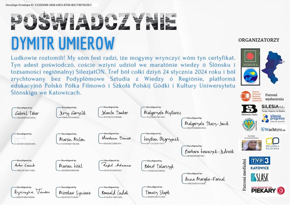 Сертификат за участие в марафоне "SilezjatON, czyli maraton o jezyku slaskim i o kulturze Slaska" (Uniwersytet Slaski w Katowicach)