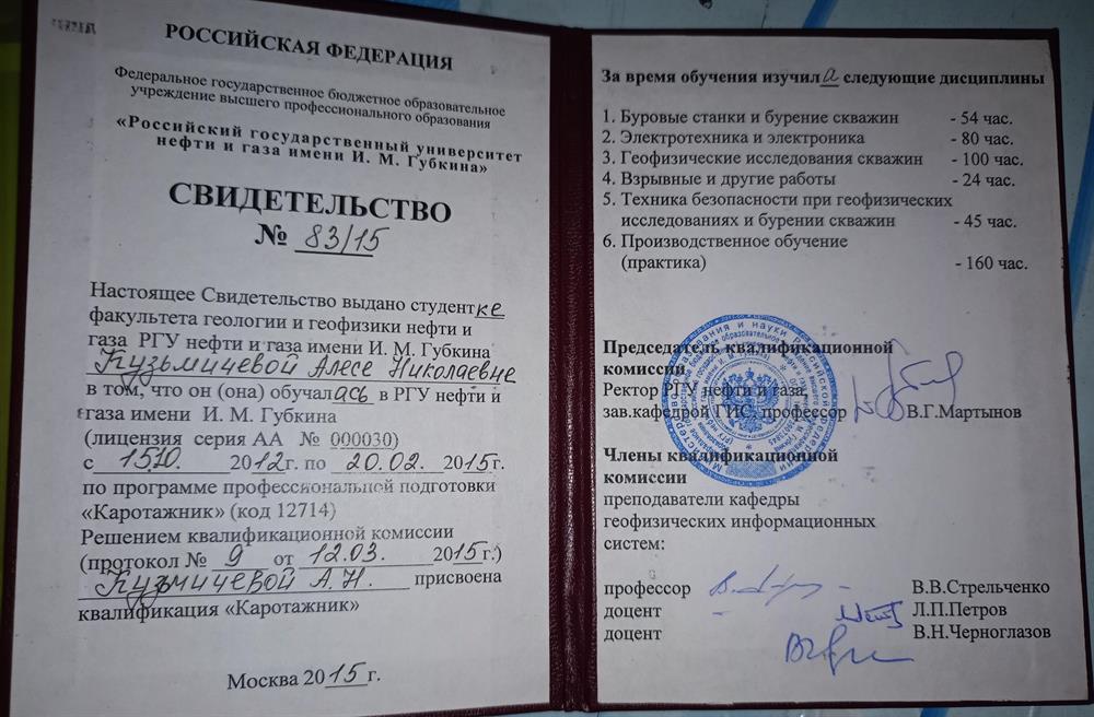 Свидетельство о присвоении квалификации