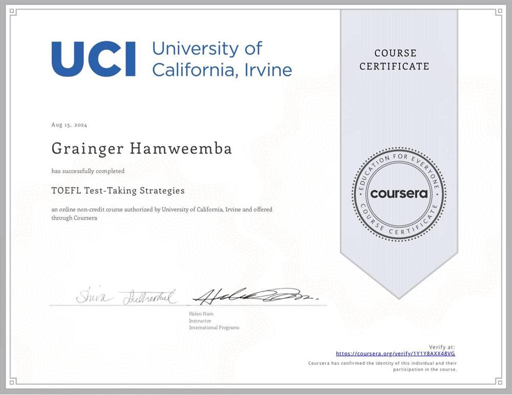 Сертификат. TOEFL Test Strategies