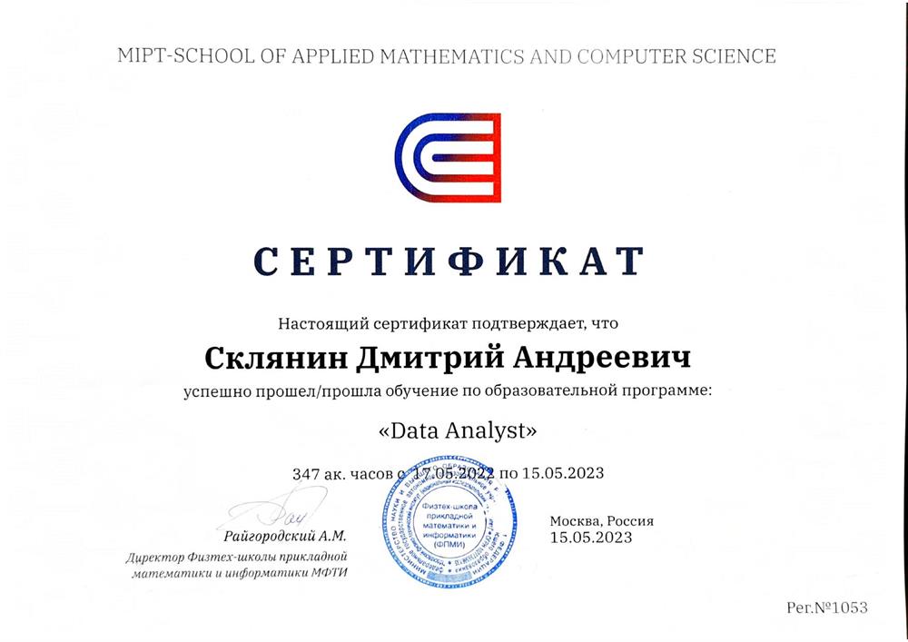 Сертификат. Дополнительное образование по направлению "Аналитик данных"