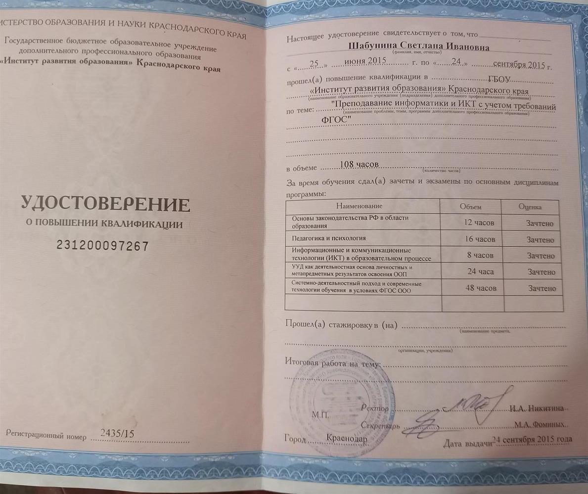 Удостоверение о повышении квалификации