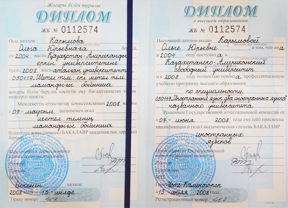 Диплом. Бакалавр иностранных языков (2008)