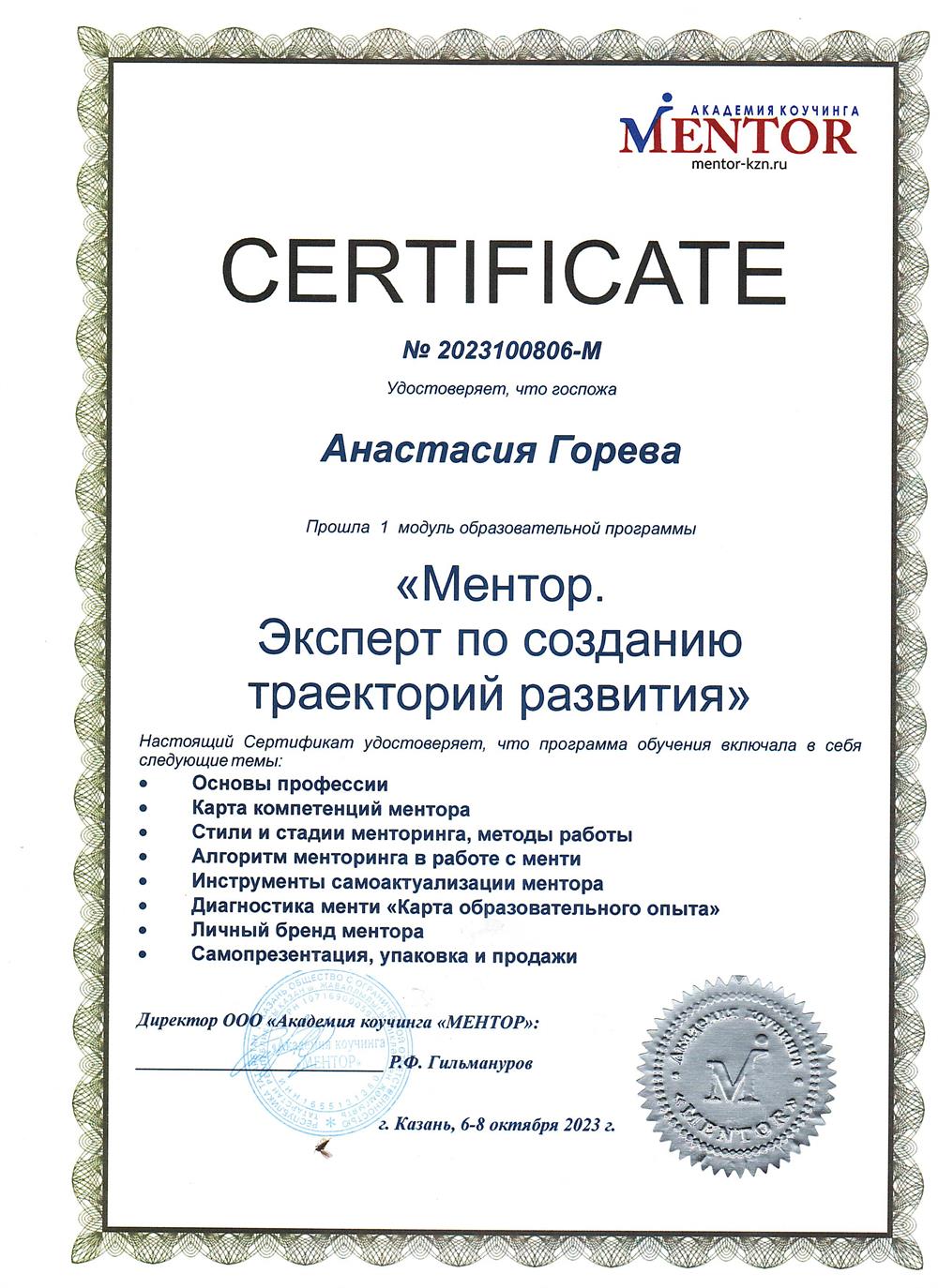 Сертификат о прохождении обучения на ментора