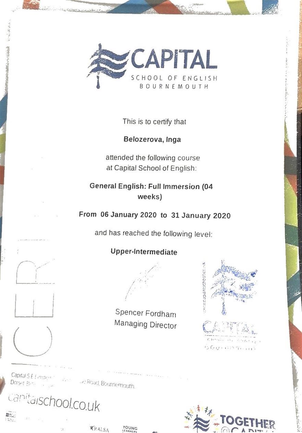 Сертификат. General English: Full Immersion (04 weeks)