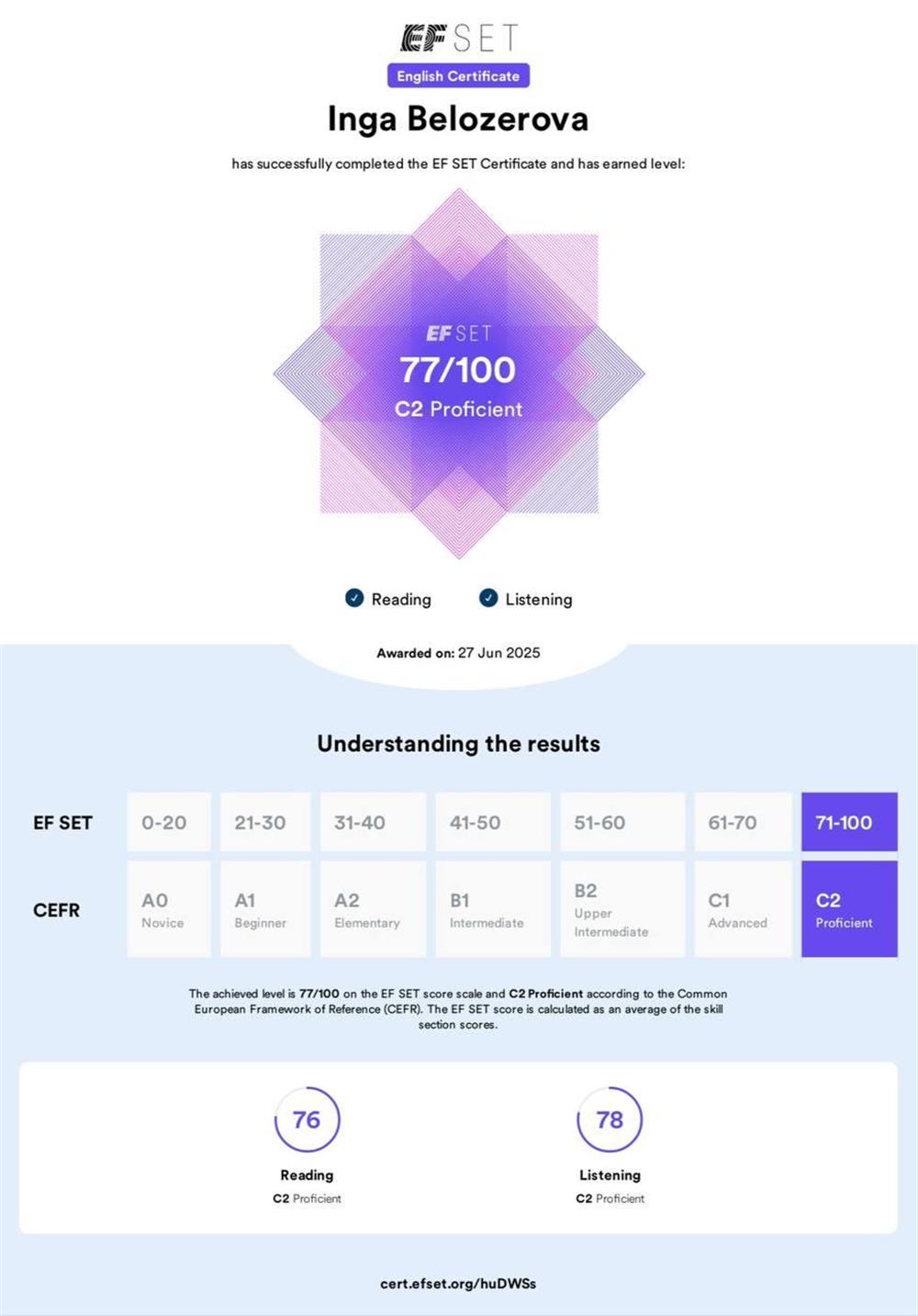 EF SET, сертификат уровень C2 Proficient