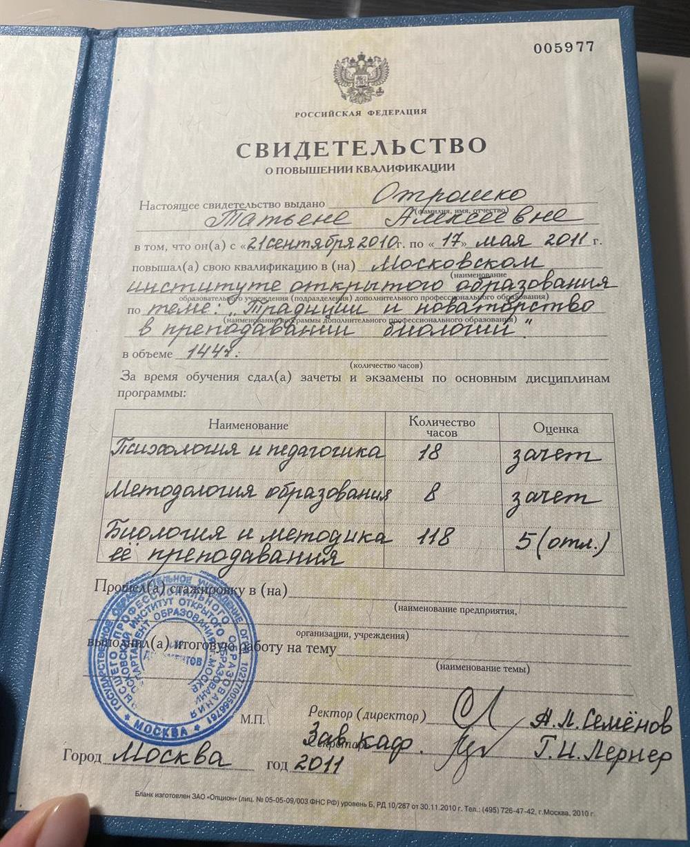 Свидетельство о повышении квалификации 