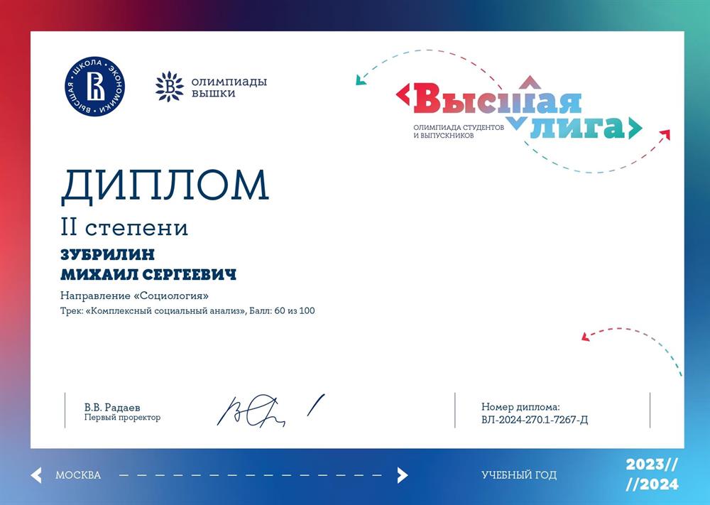 Диплом II степени по олимпиаде студентов "Высшая лига", трек "Комплексный социальный анализ", направление "Социология"