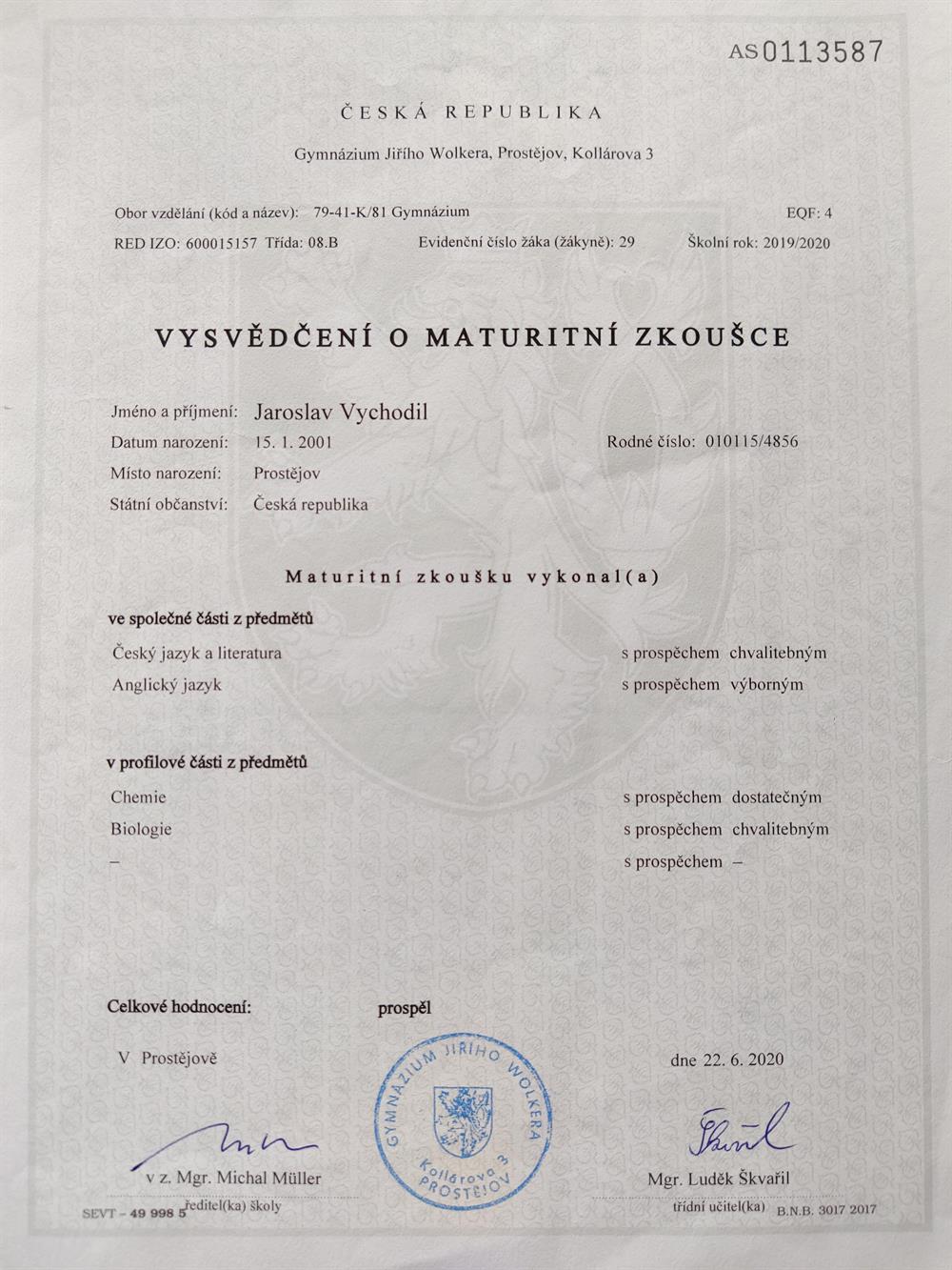 Аттестат. Vysvedceni o maturitni zkousce 