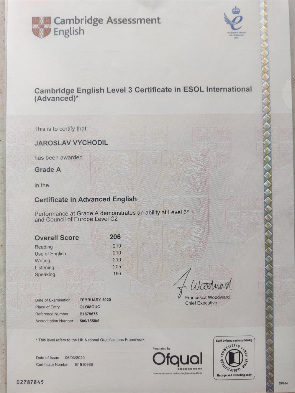 Сертификат. CAE C2 Certificate
