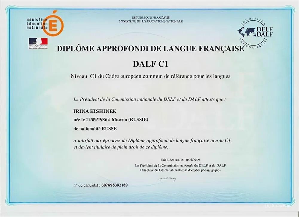 Международный сертификат по французскому языку DALF (уровень С1)