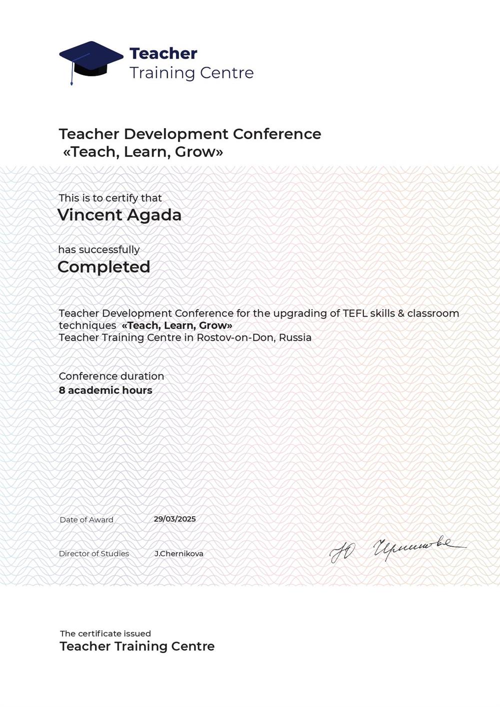 Teacher training certificate