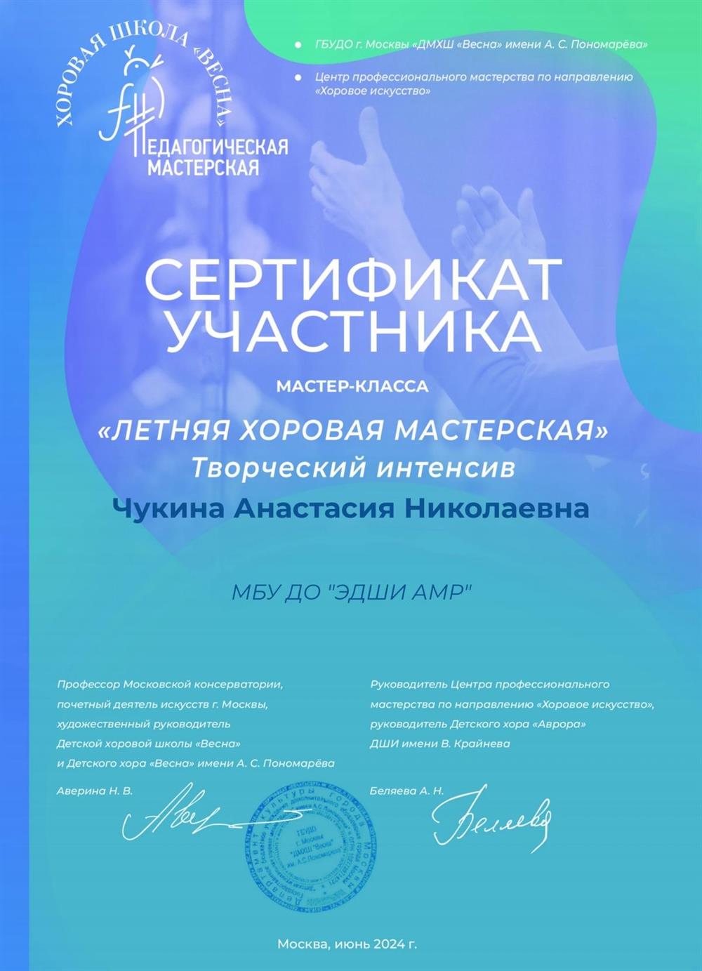 Сертификат о прохождении мастер-класса