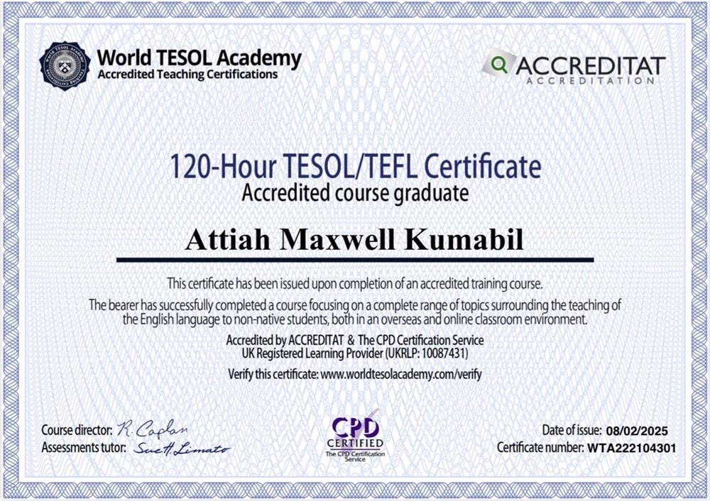 Аккредитованный сертификат TESOL/TEFL (120 часов), подтверждающий квалификацию в преподавании английского языка носителям других языков