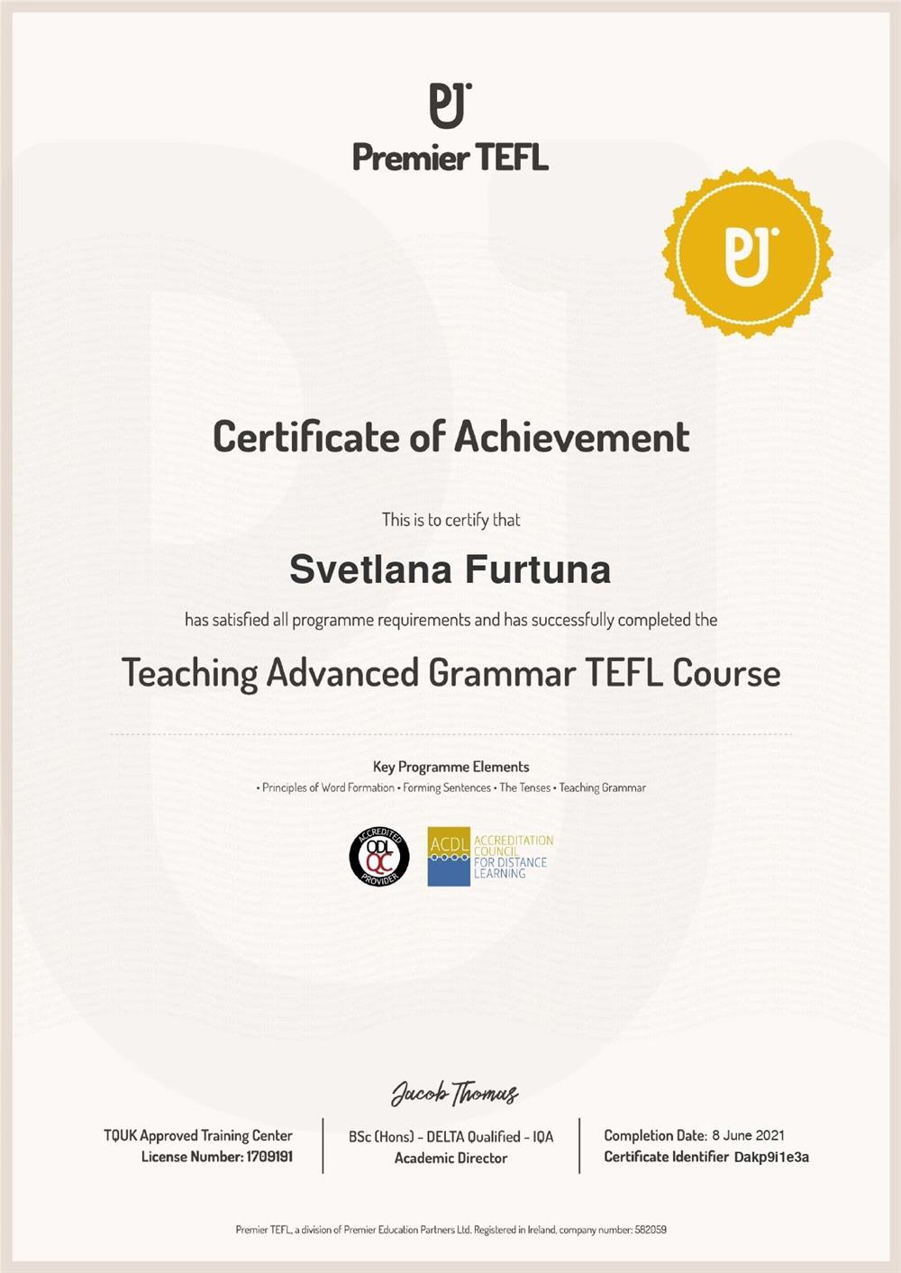 Сертификат. Курс по методике преподавания грамматики уровня Advanced – Teaching Advanced Grammar Course (30 часов), Premier TEFL (Ирландия)