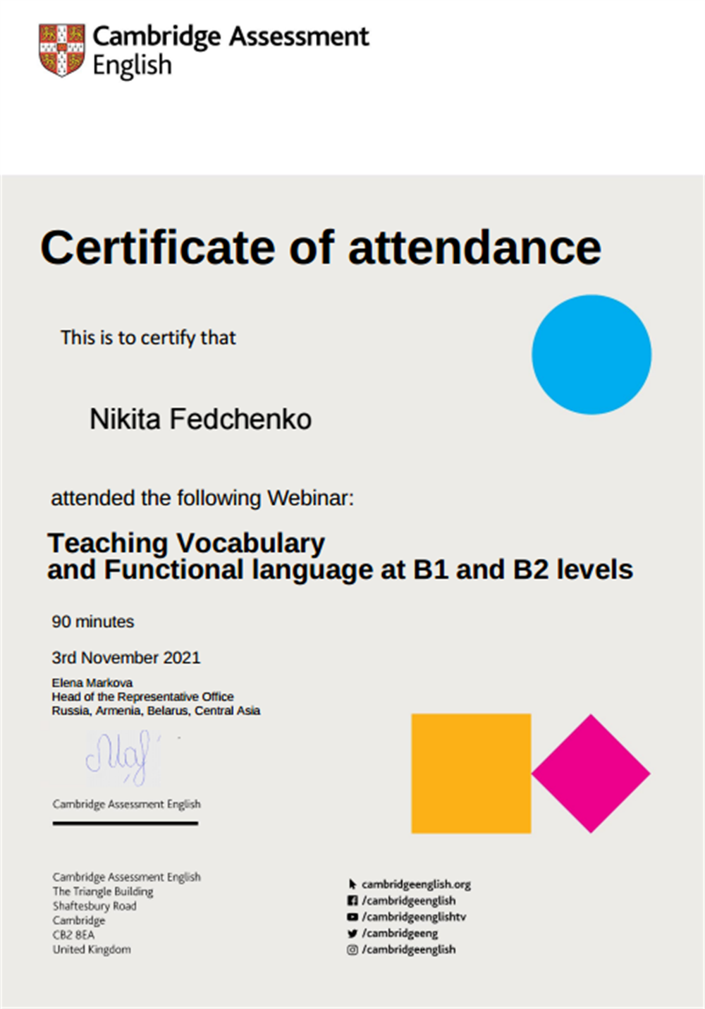 Teaching Vocabulary and Functional language at B1 and B2 levels. 2021