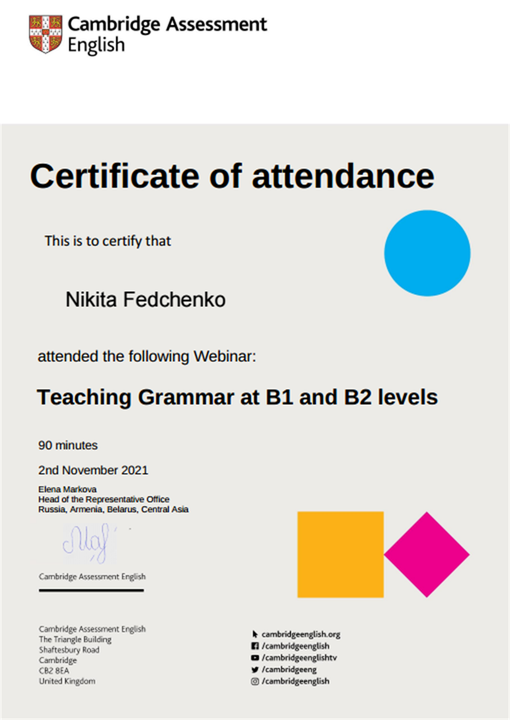 Teaching Grammar at B1 and B2 levels. 2021