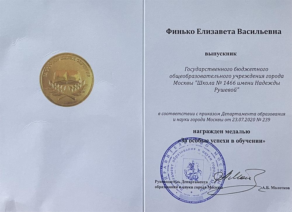 Золотая медаль «За особые успехи в обучении» 