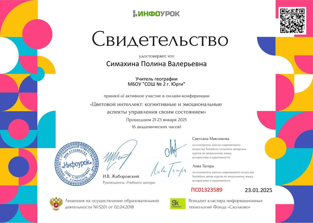 Свидетельство. Цветовой интеллект: когнитивные и эмоциональные аспекты управления своим состоянием