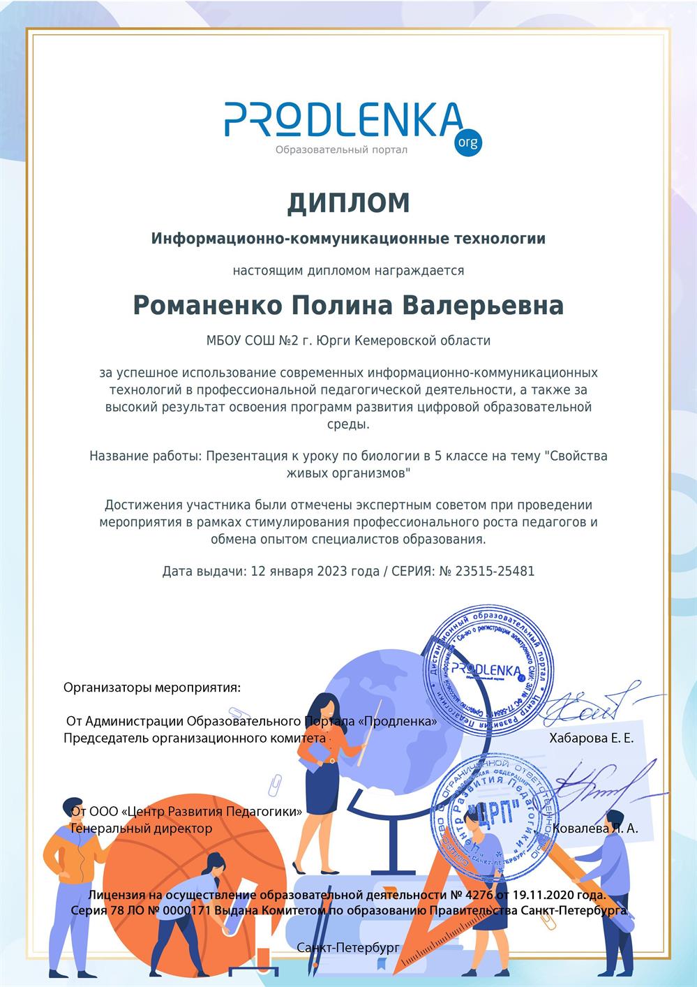 Диплом за успешное использование современных информационно-коммуникационных технологий в профессиональной педагогической деятельности