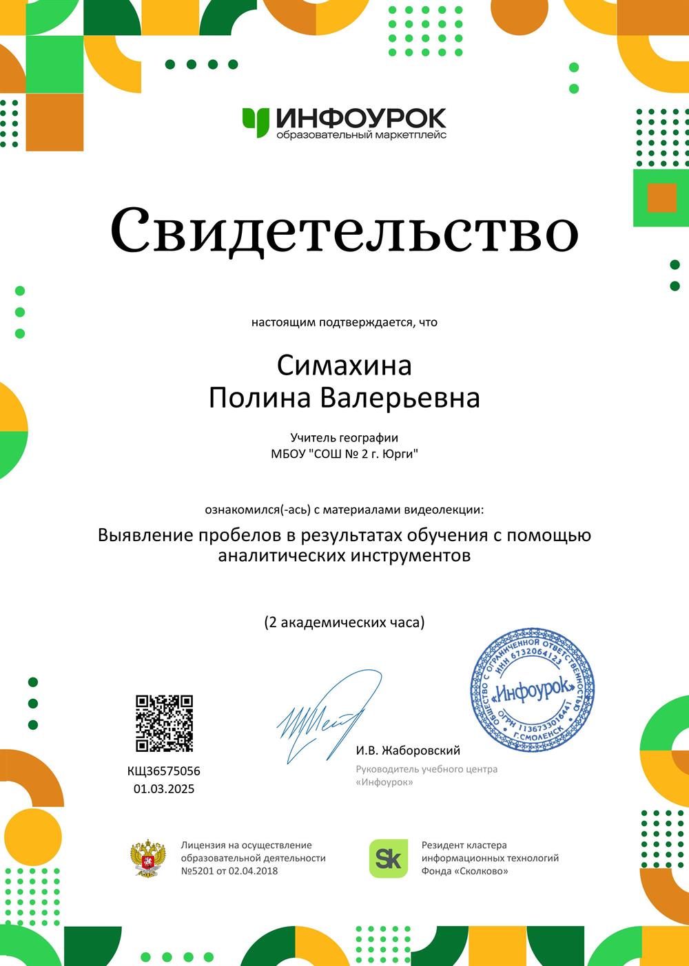 Свидетельство. Выявление пробелов в результатах обучения с помощью аналитических инструментов