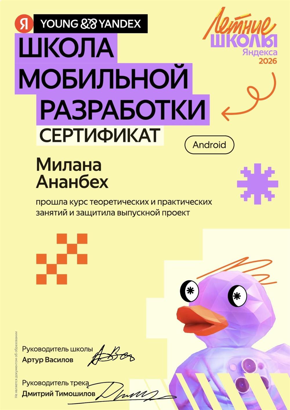 Успешно закончила летнюю школу Яндекса по мобильному программированию 