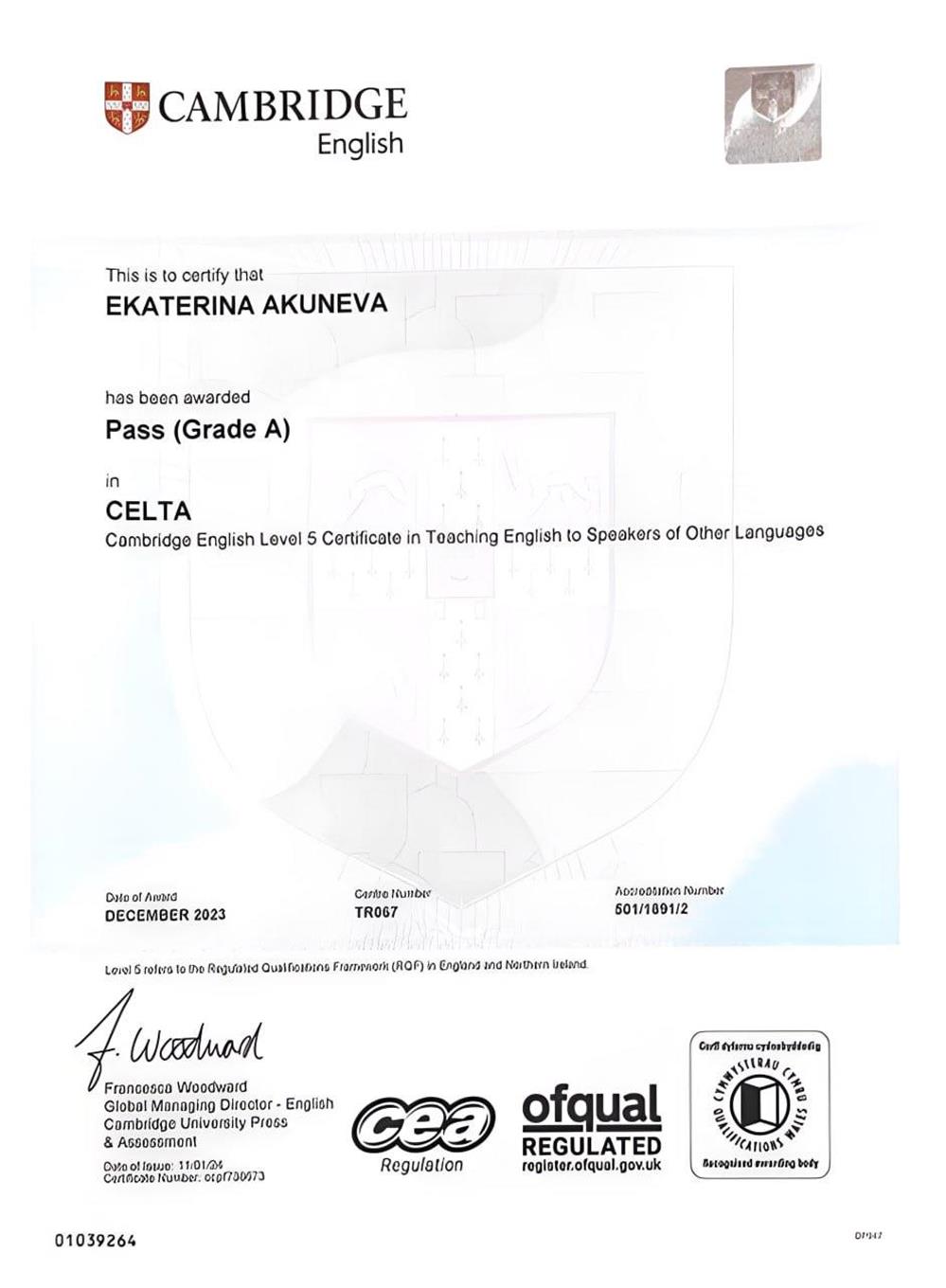 CELTA Cambridge Grade A