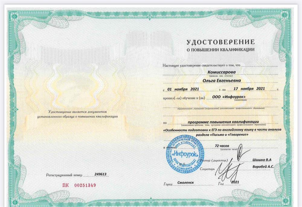 Удостоверение о повышении квалификации 