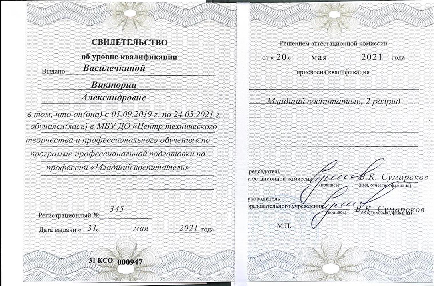 Свидетельство. Младший воспитатель 