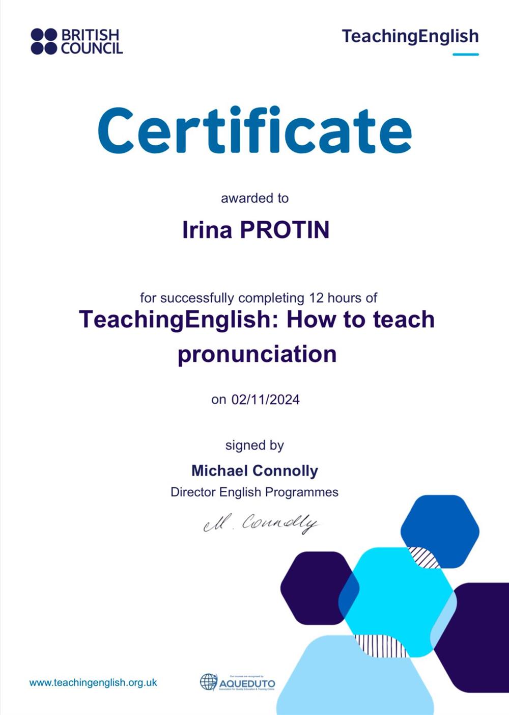 Certificate. British Council Certificate - Pronunciation 