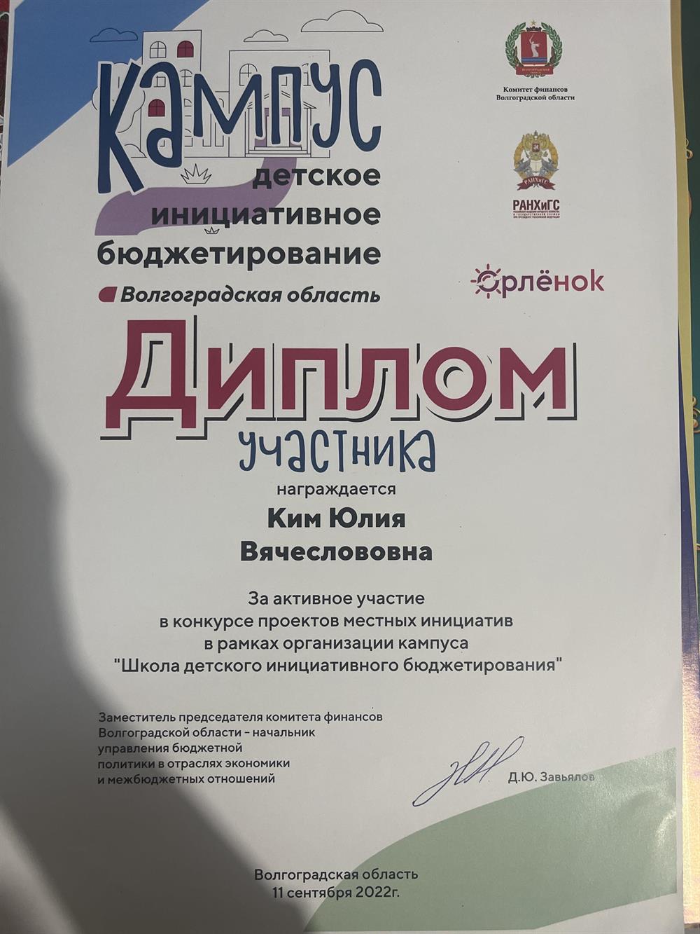 Диплом за участие в местных инициативах 