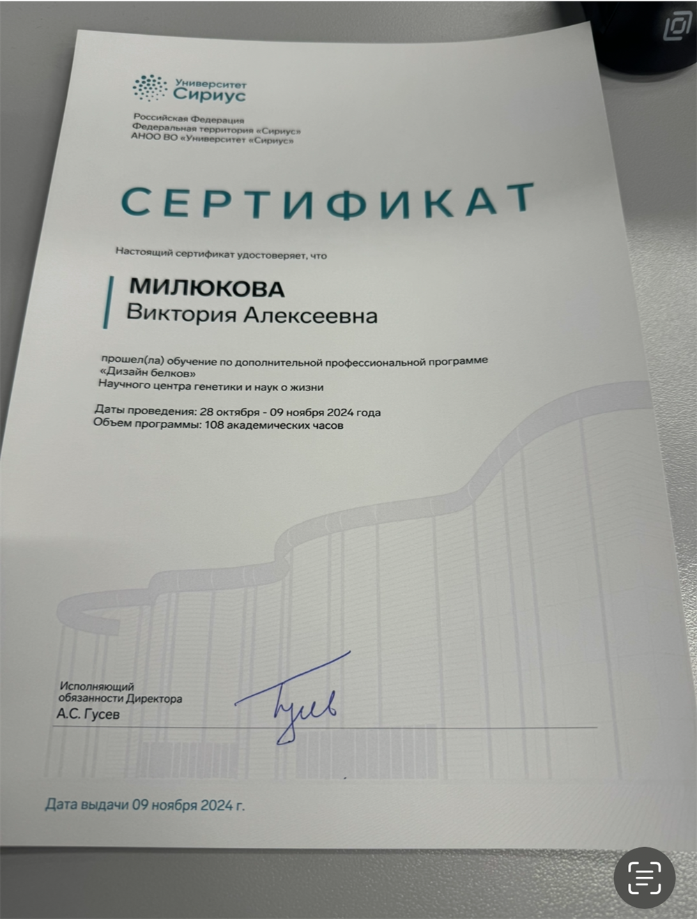 Сертификат о повышении квалификации Дизайн Белков Сириус 