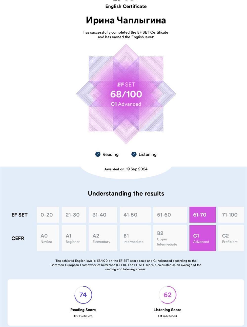 EF-Test на уровень владения языком 