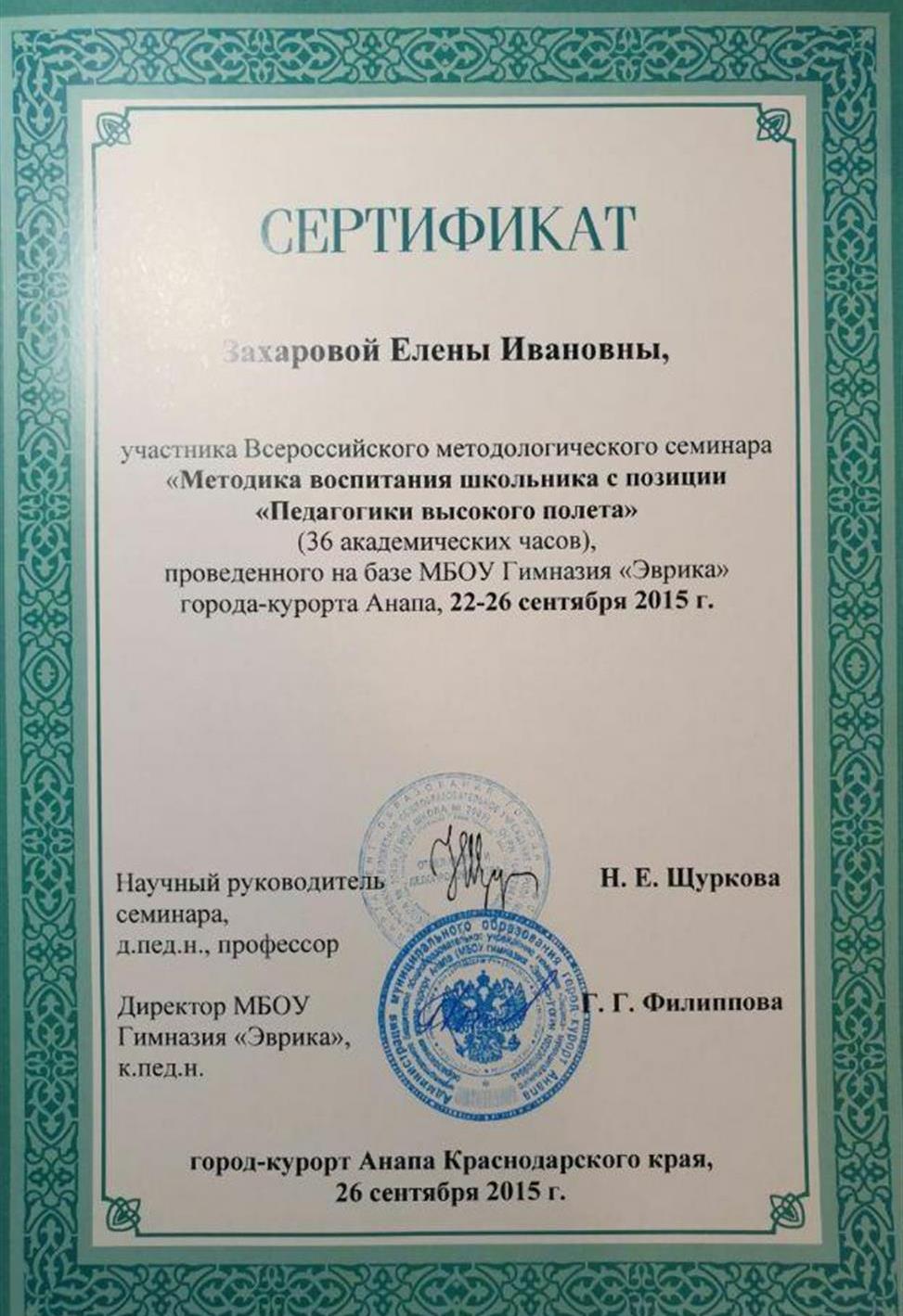 Сертификат. Всероссийского методологического семинара "Педагогика высокого полета"