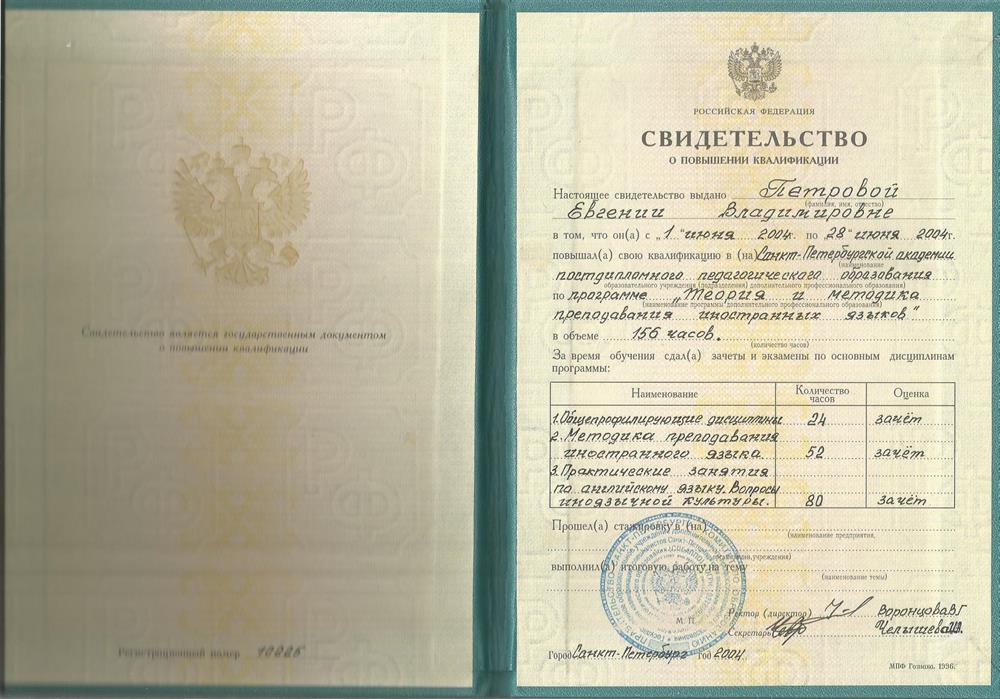 Свидетельство о повышении квалификации