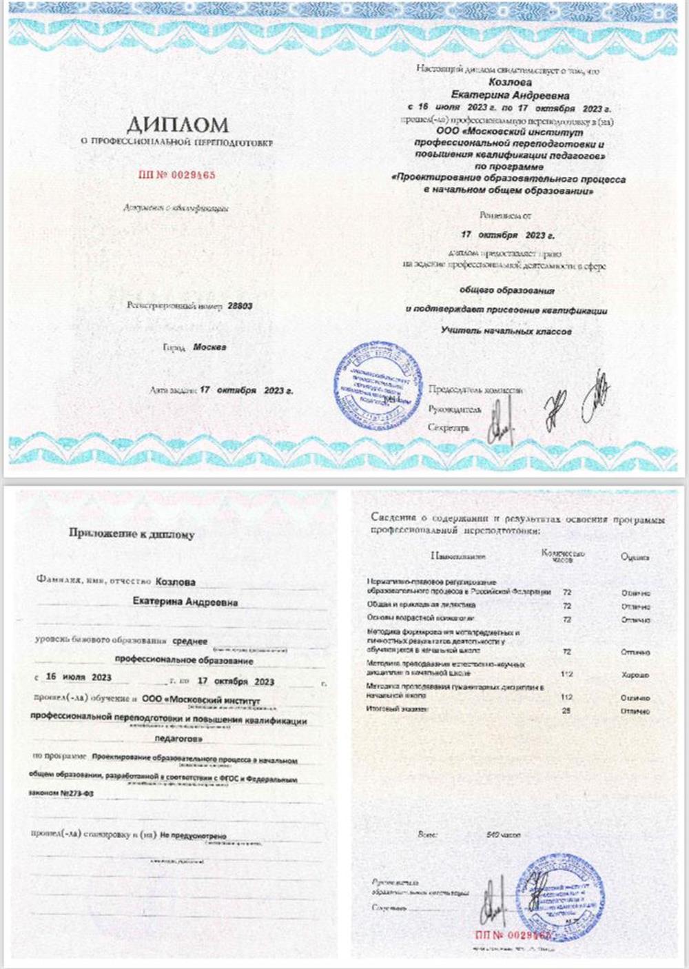 Диплом о профессиональной переподготовки в квалификации "учитель начальных классов" 2023