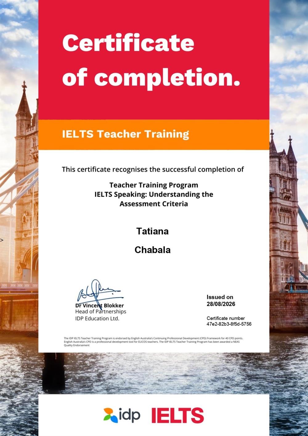 Международный сертификат IELTS Teacher Training - speaking ( IDP IELTS, Australia- официальный совладелец IELTS).  