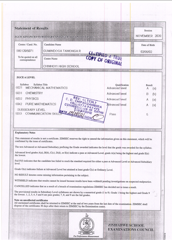 Zimbabwe General Certificate of Education at  A level