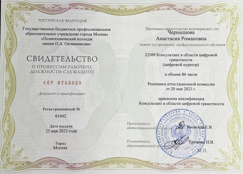 Свидетельство о должности служащего «Консультант в области цифровой грамотности (цифровой куратор)»