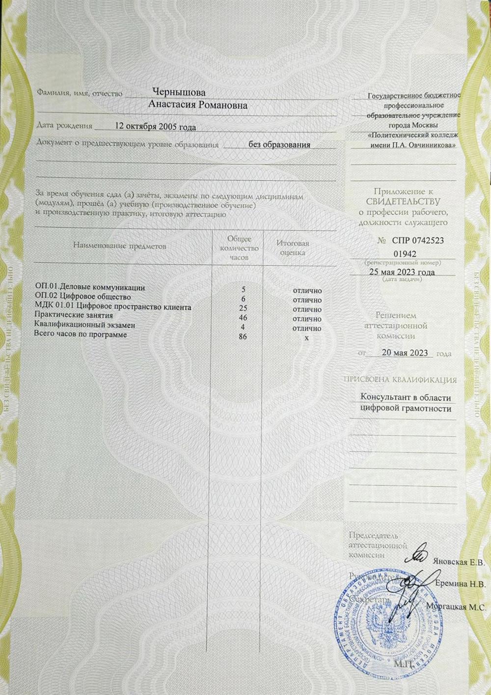 Приложение к свидетельству «Консультант в области цифровой грамотности (цифровой куратор)»