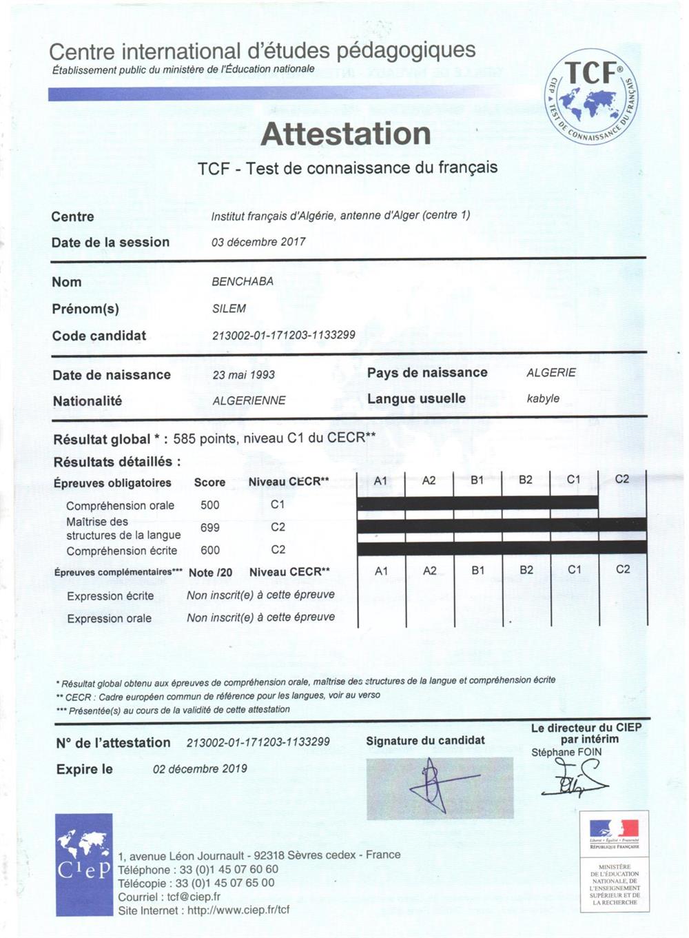 Attestation TCF (Test de connaissance du francais ) 